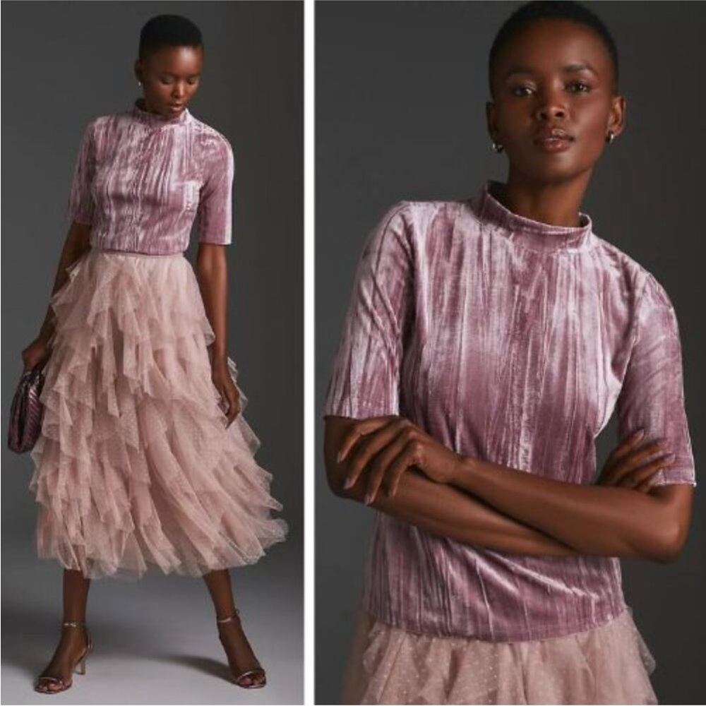 Anthropologie Pilcro Velveteen Mock Neck Pink Shortsleeve Top, size M